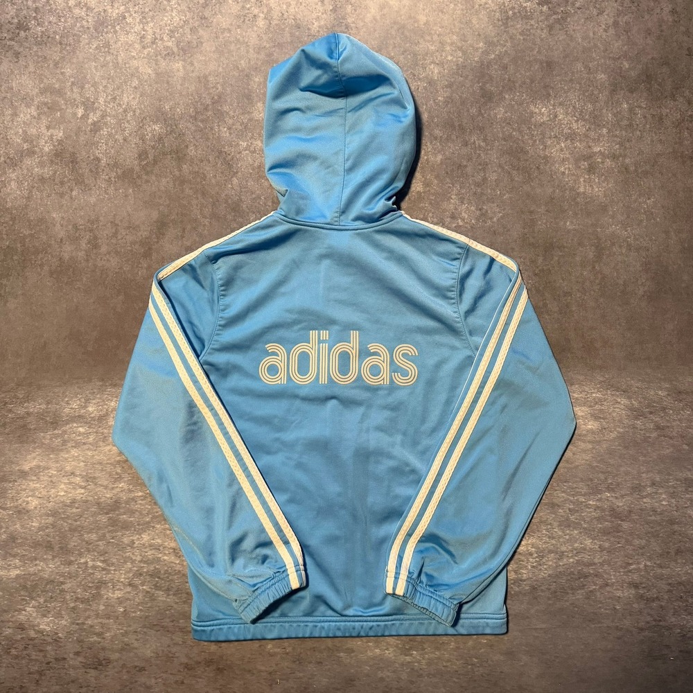 Y2K Adidas Womens Light Blue Track Jacket Full Zip Hoodie Three Stripe Logo L 14